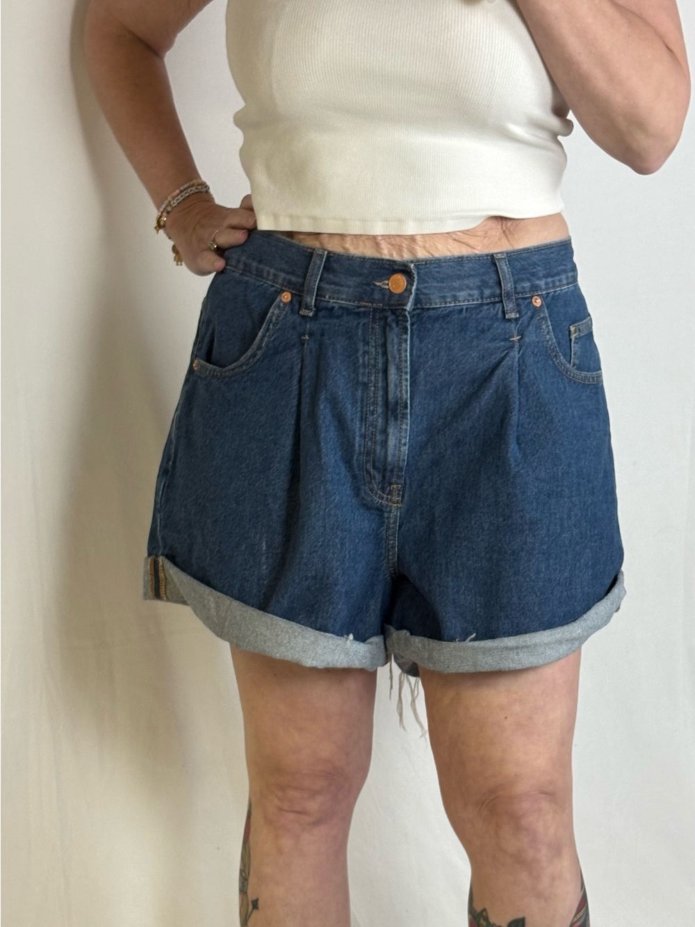 We The Free Dark Blue Rolled Hem Denim Shorts